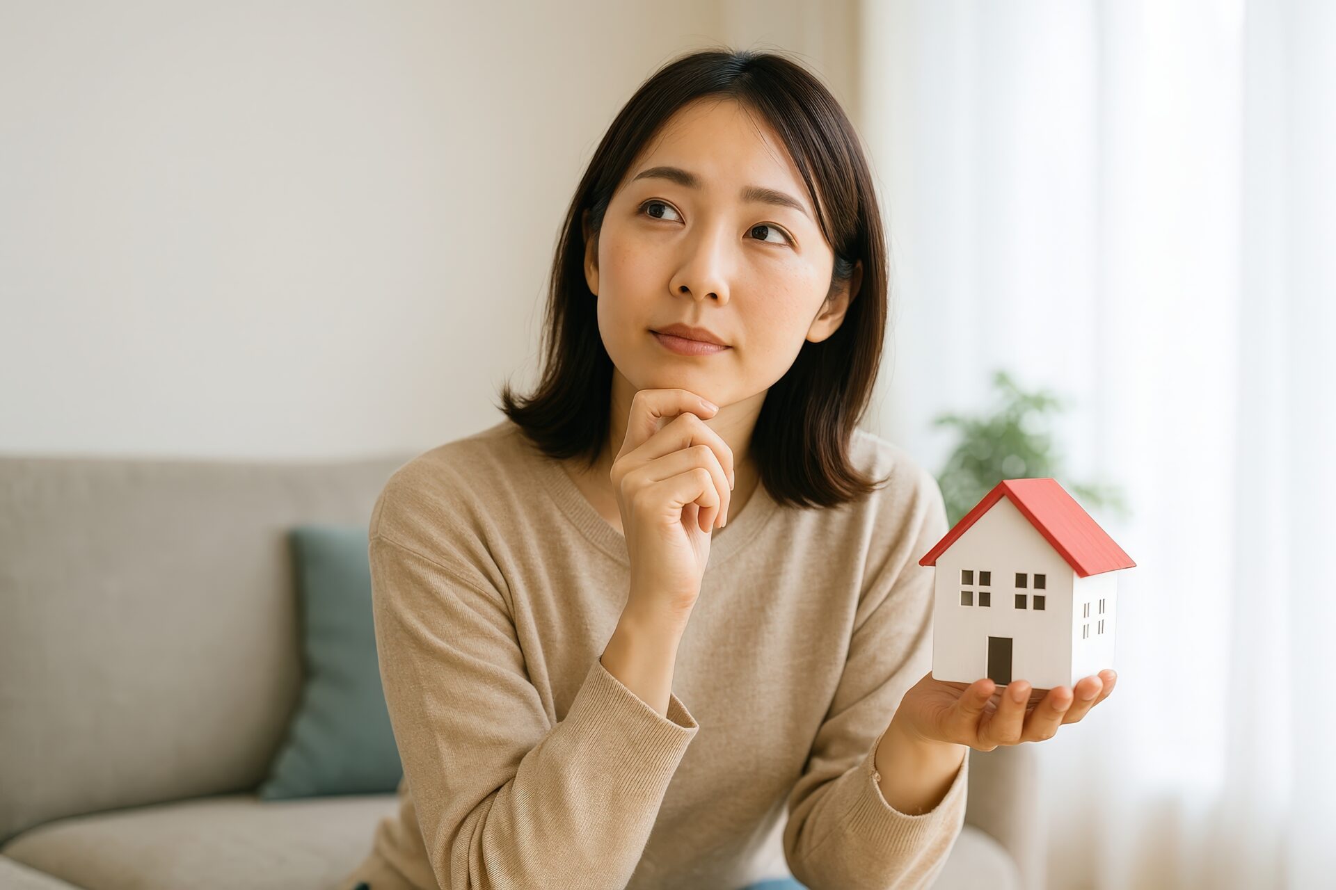 家の模型を持ちながら将来を想像する若い女性