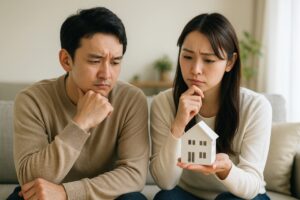 家の模型を見つめて悩む若いカップル