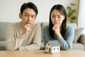 住宅模型を前に考え込む若い夫婦