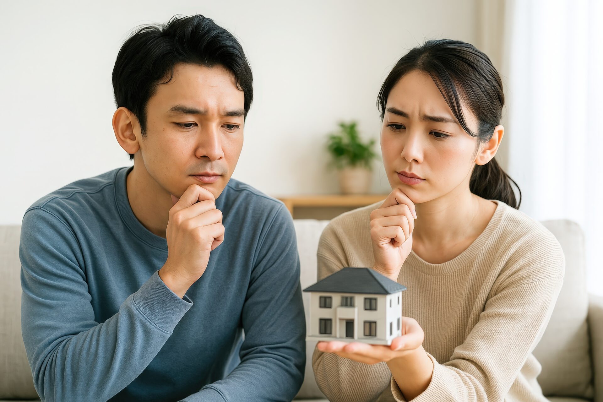家を購入するか悩むカップルの真剣な表情