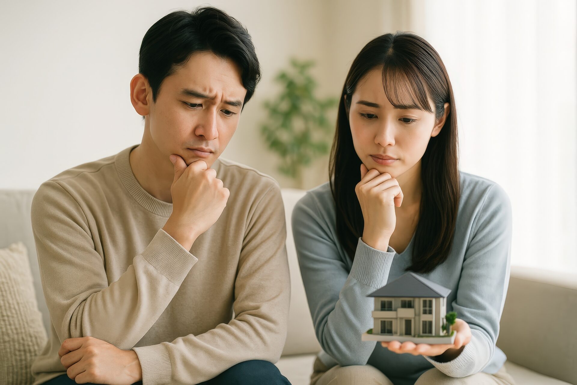 住宅模型を持ちながら悩むカップル