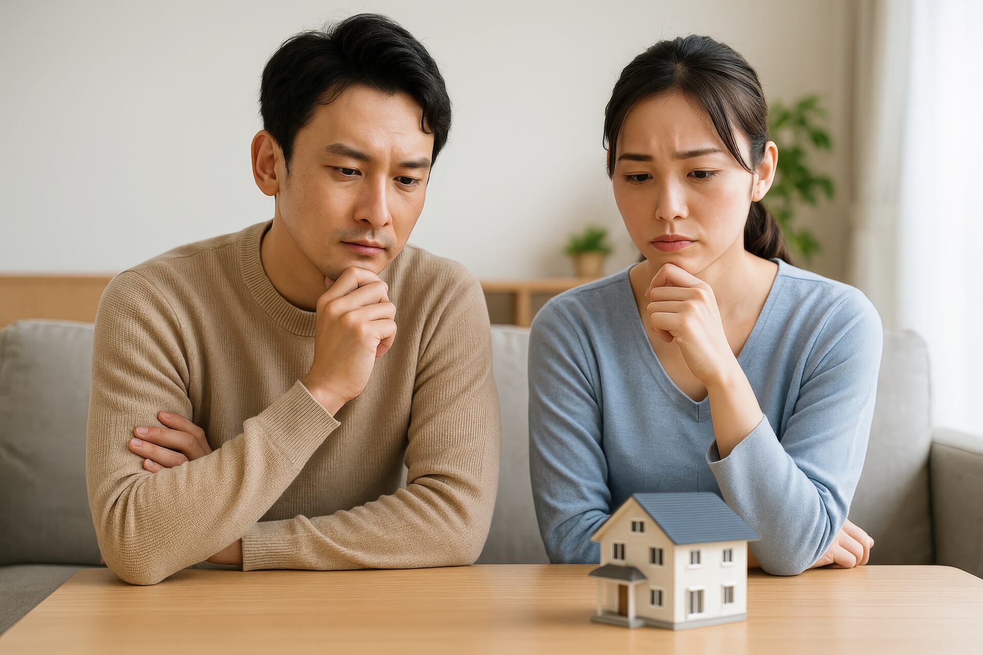 モデルハウスを見つめて考え込むカップル