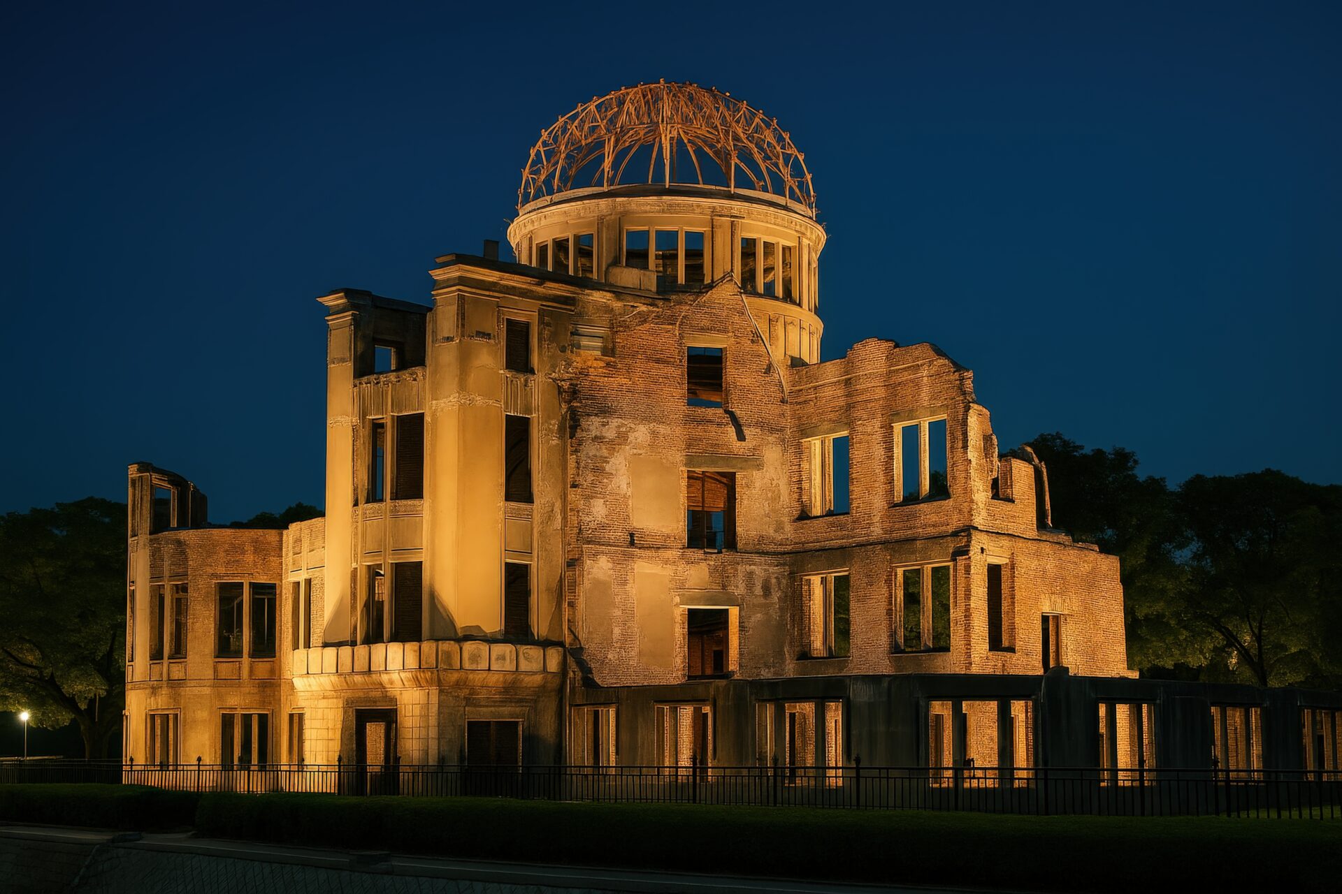 夜空の下で照らされた原爆ドーム
