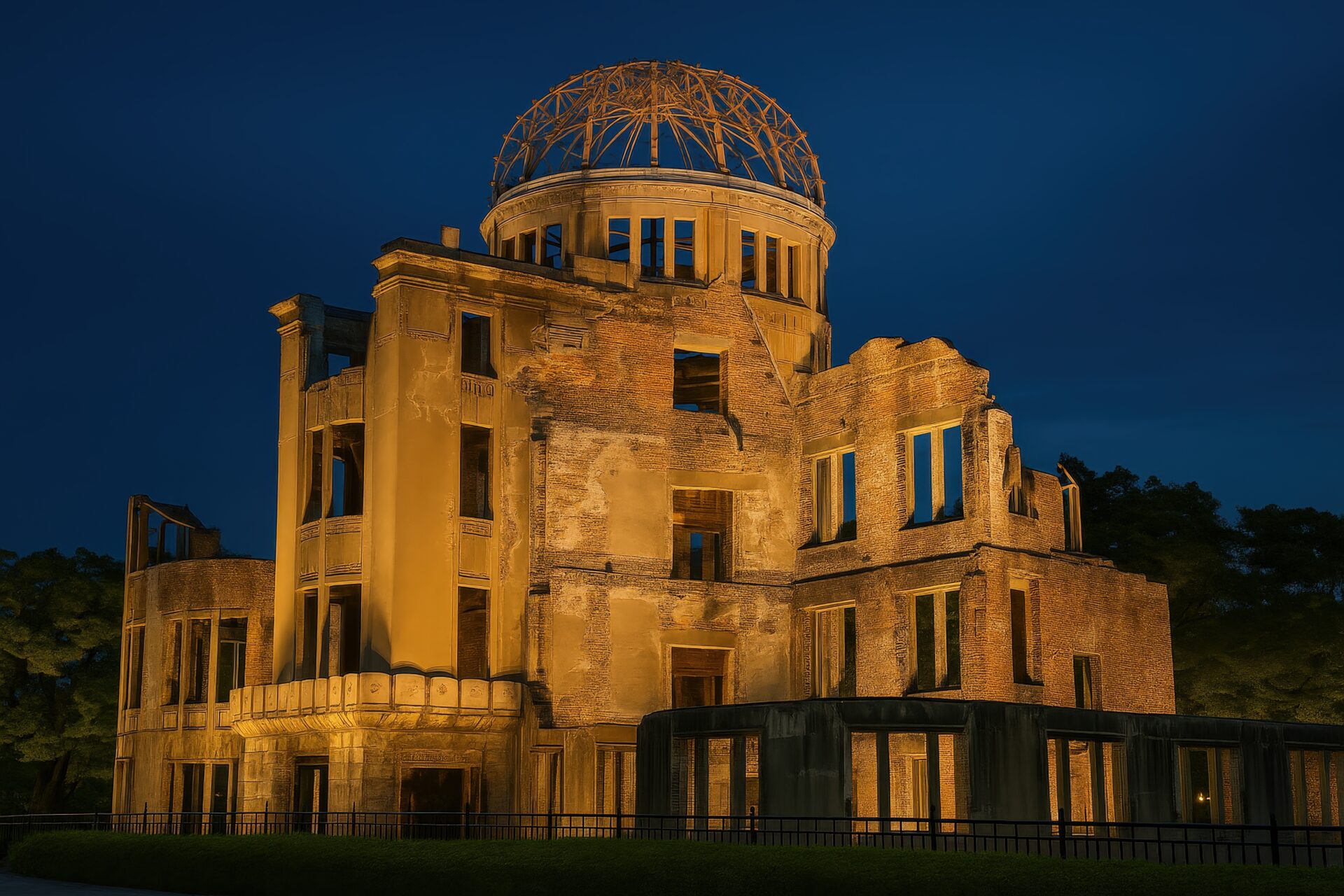 広島の原爆ドームを夜に撮影した風景