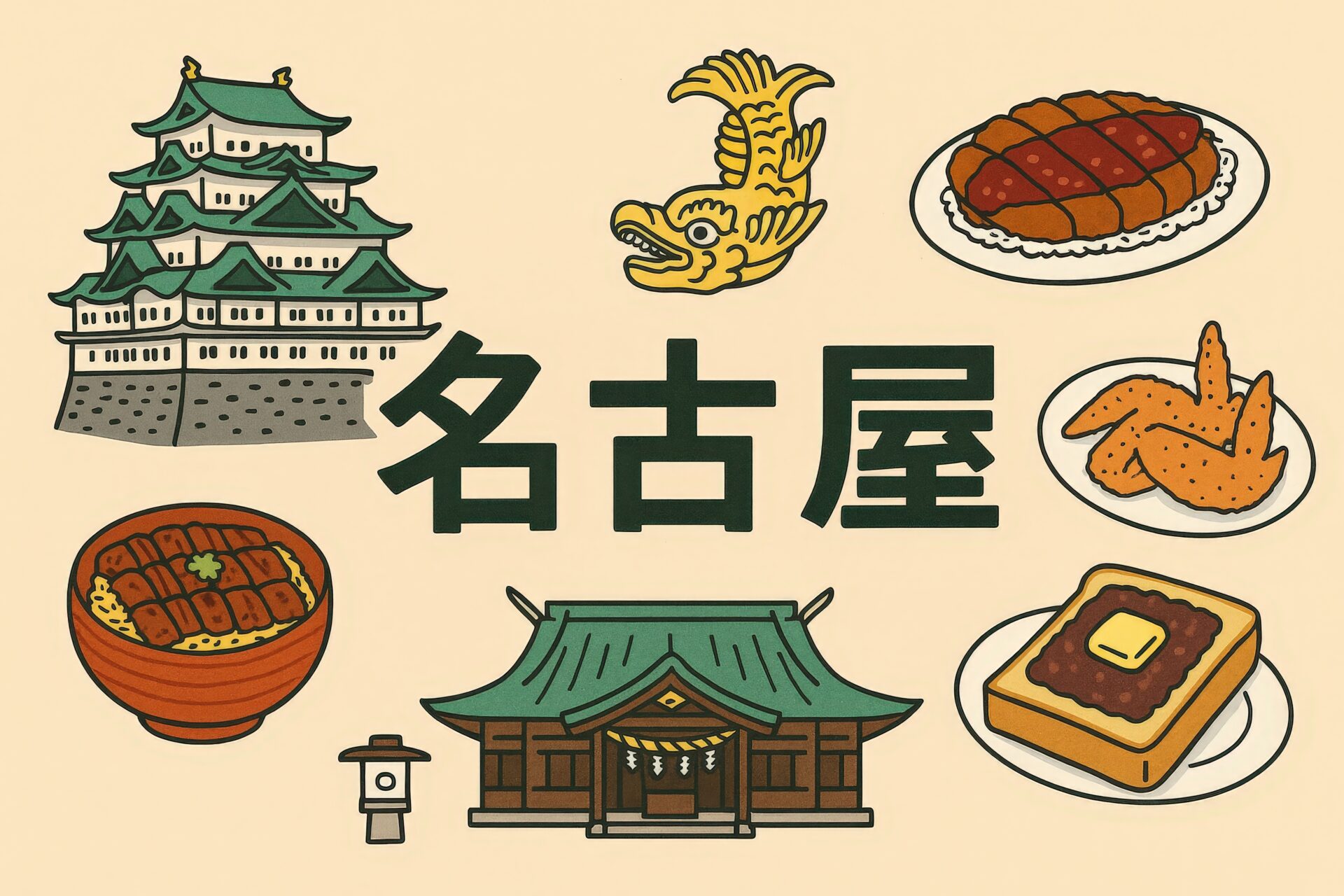 名古屋の名所と名物料理のイラストセット