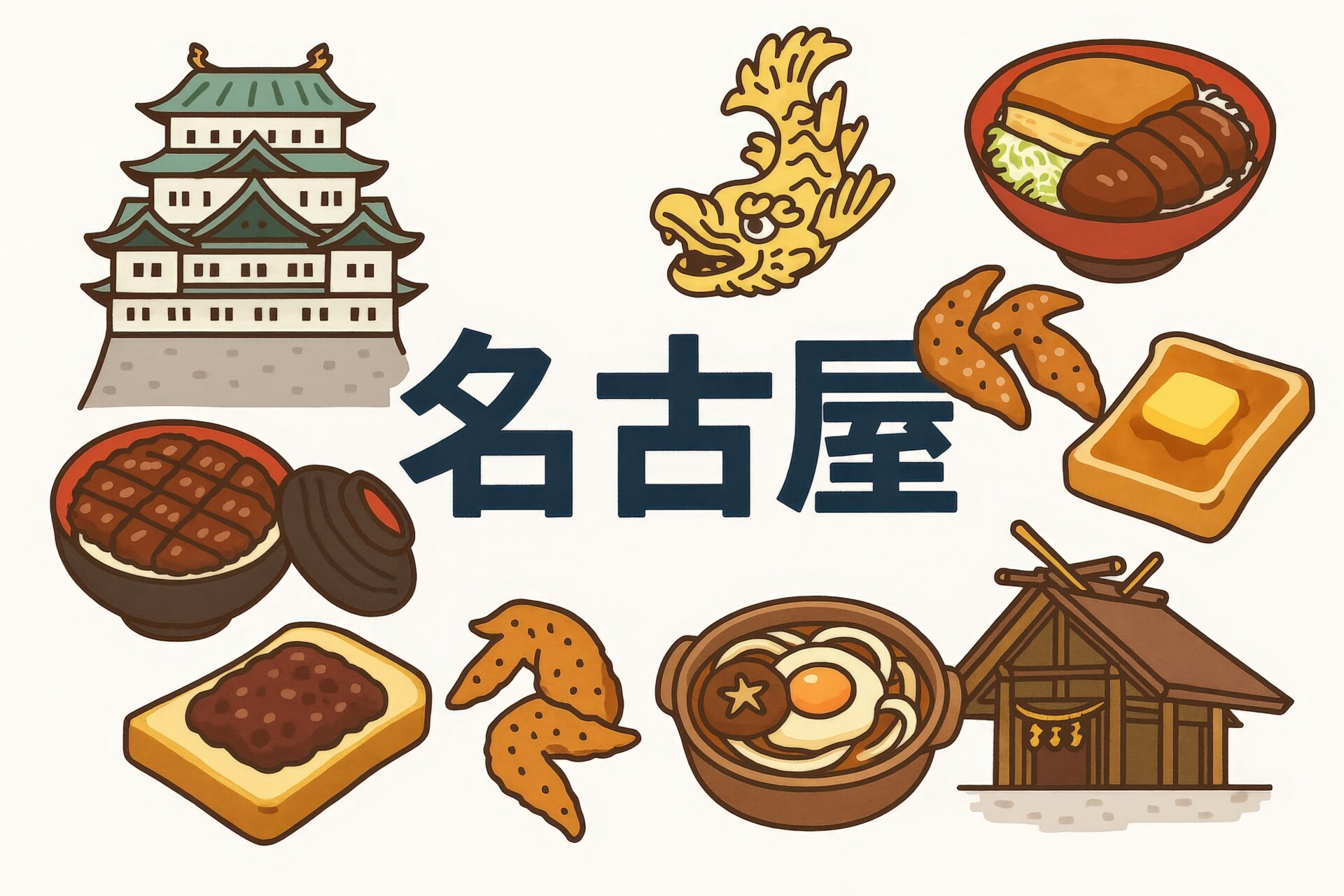 名古屋名物と観光スポットのポップなイラスト