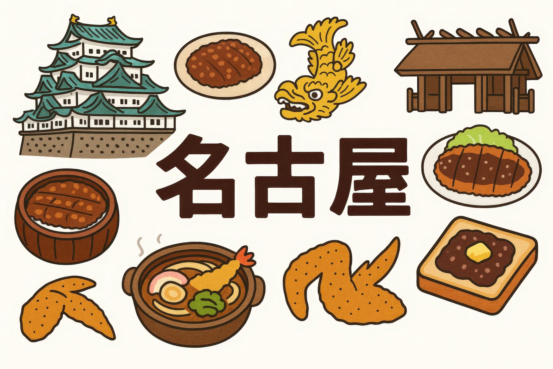 名古屋グルメと観光地のカラフルなイラスト