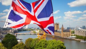 イギリス国旗とロンドンの街並み