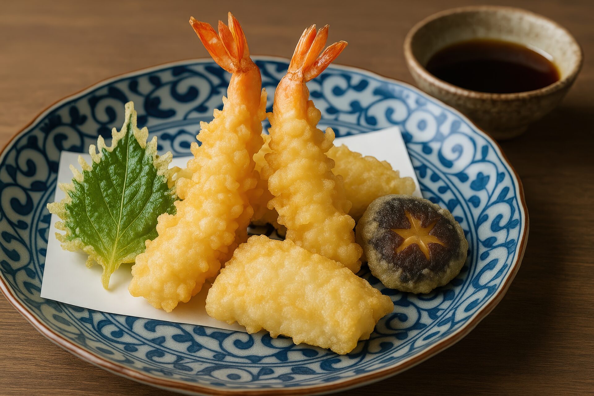 和風の器に盛られた海老と野菜の天ぷら