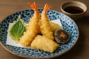 和風の器に盛られた海老と野菜の天ぷら