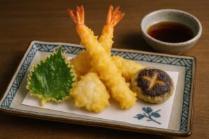 四角い皿に盛り付けられた天ぷらの盛り合わせ