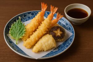青い皿に並んだ海老と野菜の天ぷらとつゆ