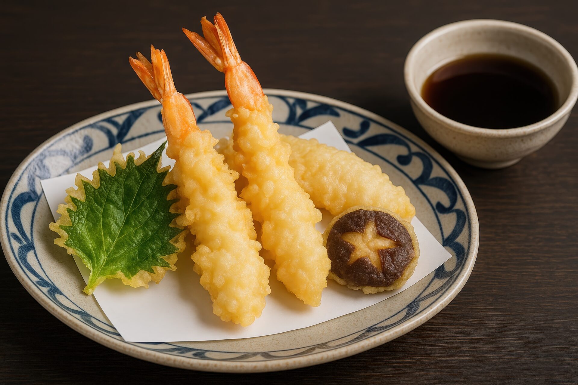 天つゆ付きの海老と野菜の天ぷら盛り合わせ