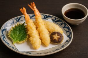 天つゆ付きの海老と野菜の天ぷら盛り合わせ