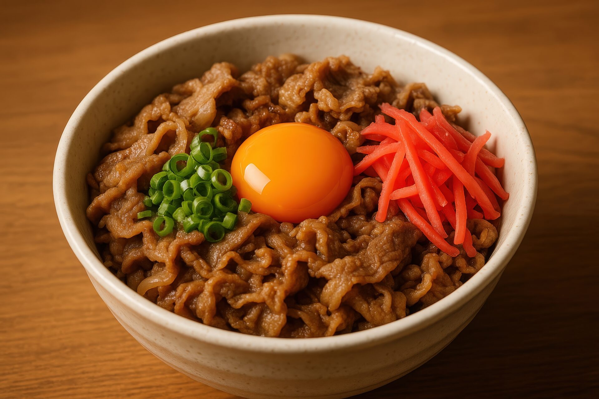 ネギと紅生姜が彩る卵入り牛丼