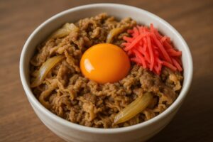 玉ねぎ入りの牛丼に卵黄と紅生姜を添えた一杯