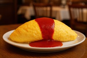 レストランのテーブルに置かれたオムライス