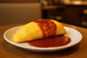 店内で撮影された湯気立つオムライス