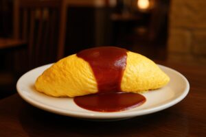 ふわふわ卵にケチャップがかかったオムライス