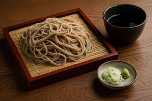 ざるに盛られたシンプルなざる蕎麦と薬味