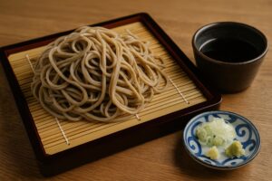 竹ざるにのせたざる蕎麦とつゆと薬味のセット
