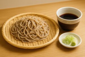 明るい木のテーブルに並ぶざる蕎麦とつゆ