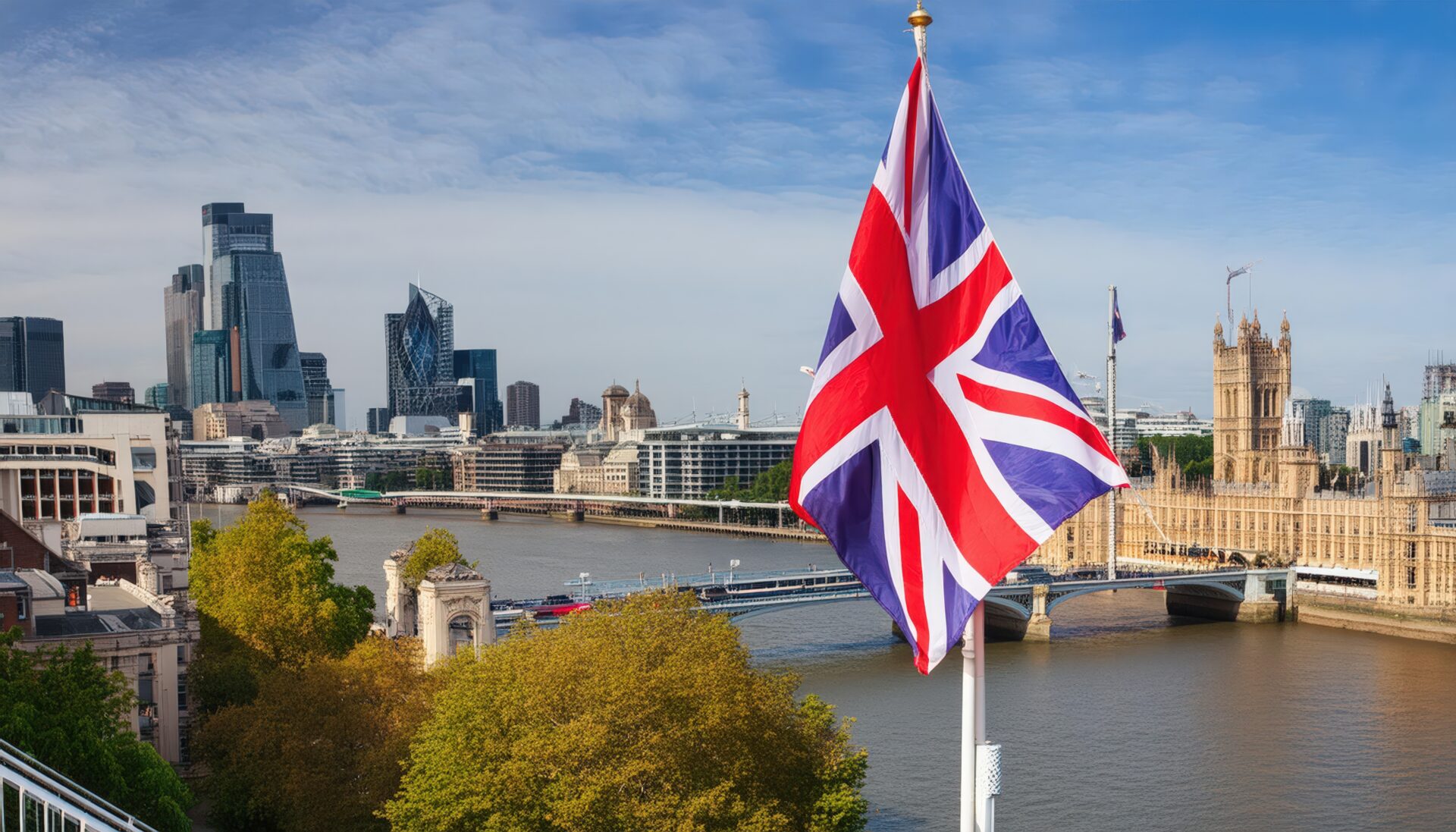 イギリス国旗とロンドンの都市景観