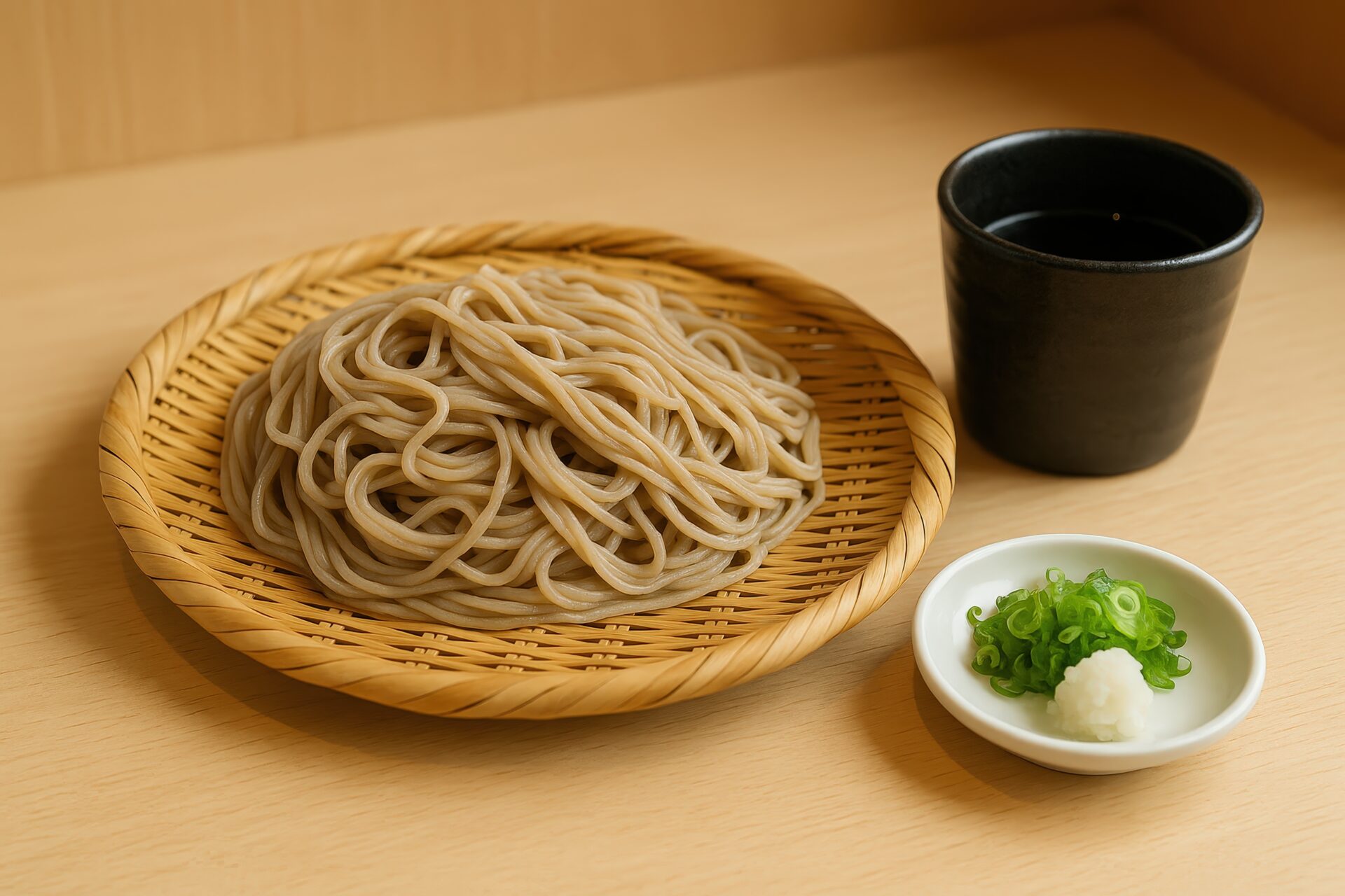 白い器に薬味を添えたざる蕎麦の定番スタイル