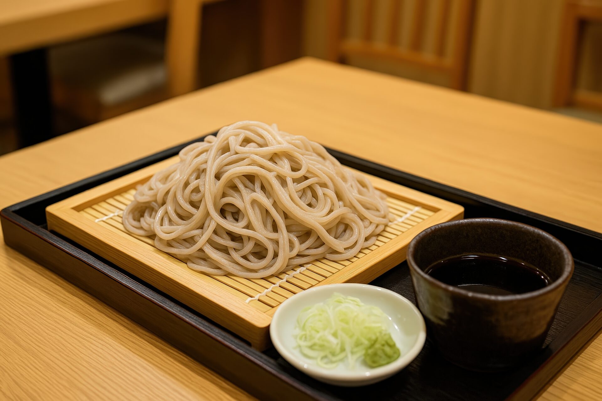 和風トレーに載せたざる蕎麦の食事シーン