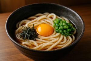 卵黄と刻み海苔をのせたシンプルなかけうどん