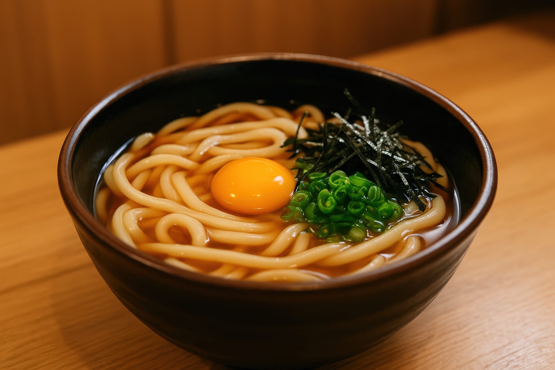 温かいかけうどんに生卵と薬味を添えた一杯