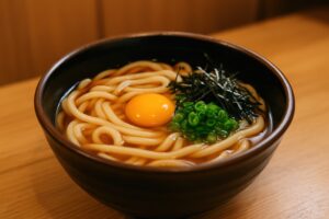 温かいかけうどんに生卵と薬味を添えた一杯