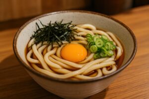 生卵と青ねぎが彩る出汁の効いたかけうどん