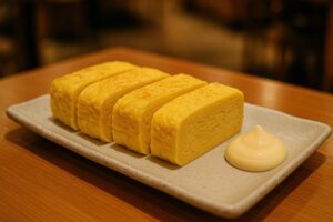 出汁巻き卵とマヨネーズのシンプルな盛り付け