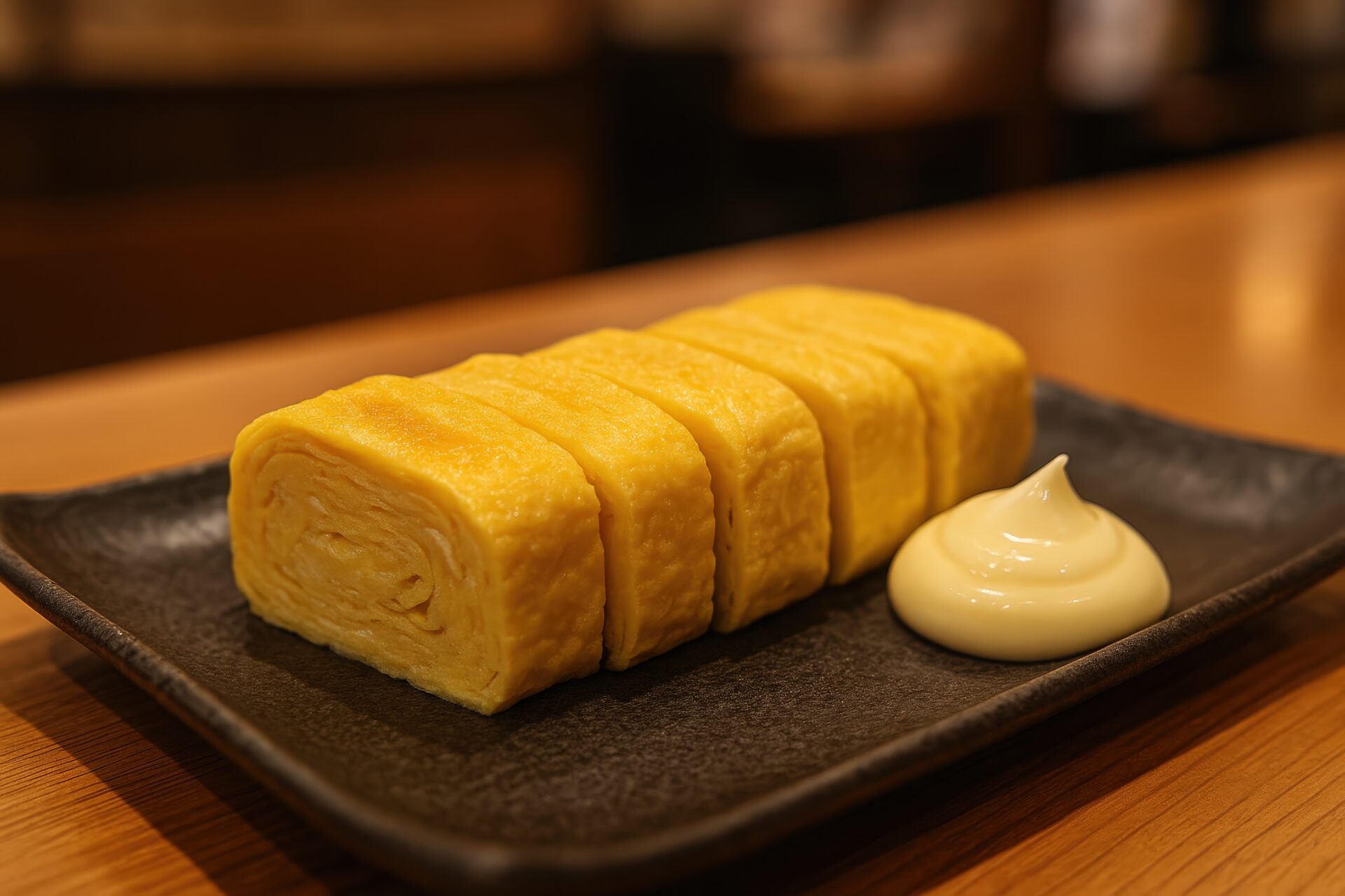 黒い皿に並べられた出汁巻き卵とマヨネーズ