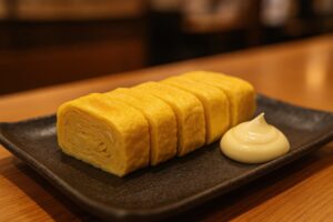 黒い皿に並べられた出汁巻き卵とマヨネーズ