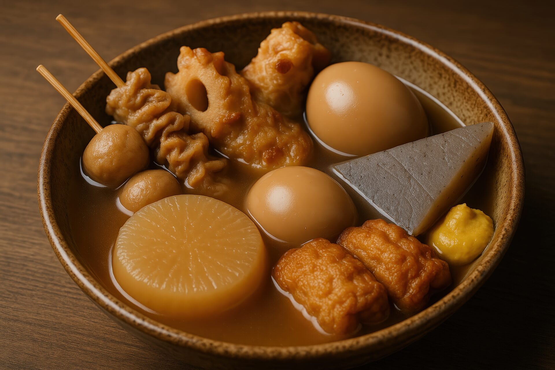 串や練り物が入った定番おでんの盛り付け
