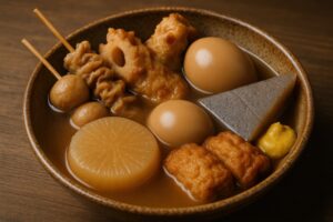 串や練り物が入った定番おでんの盛り付け