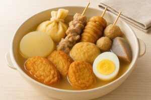 明るい木のテーブルに置かれたおでんの盛り合わせ