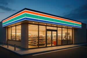 夜の街角に佇む明るいコンビニエンスストア