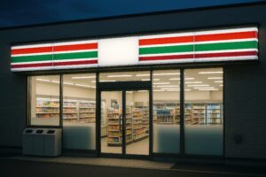 街中にある明るく開放的なコンビニ外観