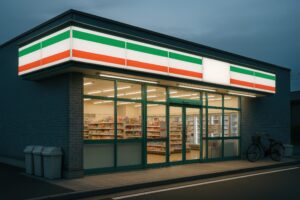夜間でも明るく照らされたコンビニ入口