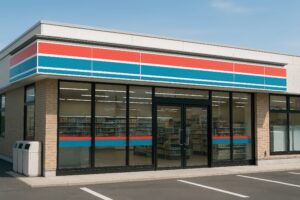 青と赤のラインが印象的なコンビニ店舗外観