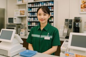 コンビニのレジカウンターに立つ笑顔の女性店員