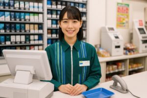 レジ前で丁寧に接客するコンビニの女性スタッフ