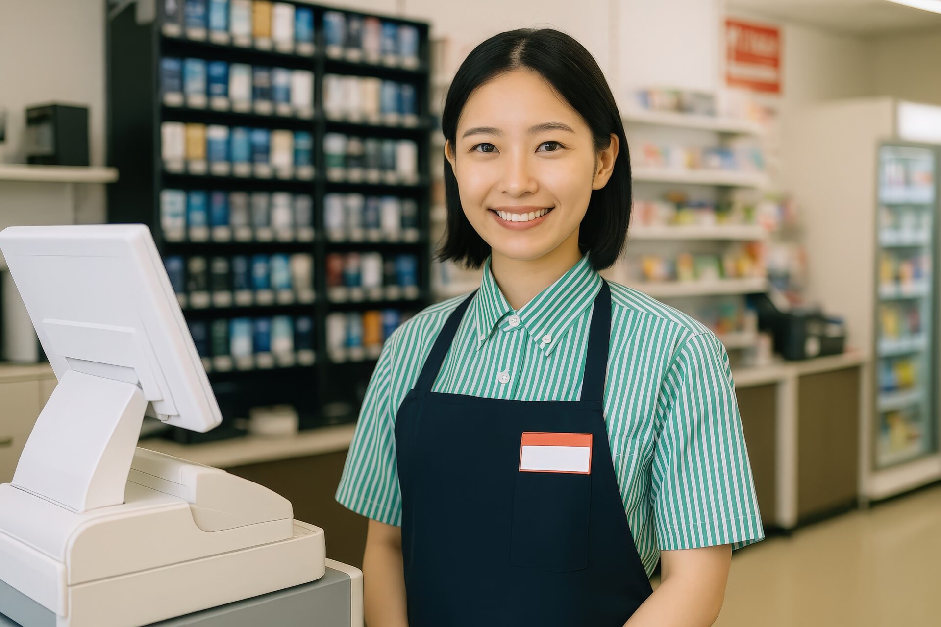 エプロン姿で接客中の若い女性コンビニ店員