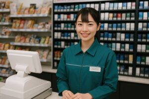 制服姿でレジに立つ爽やかな女性コンビニスタッフ
