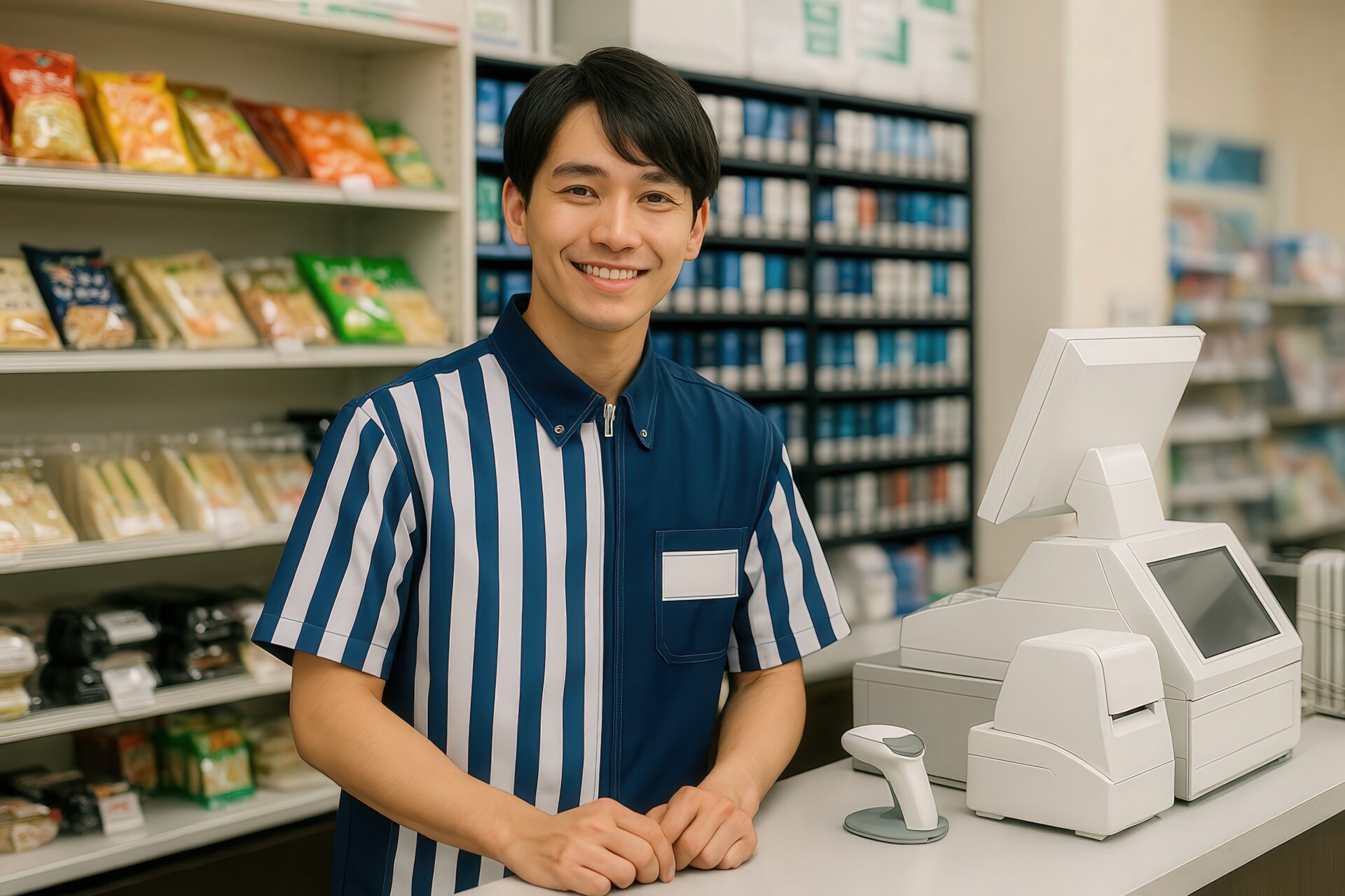 青と白のストライプ制服の男性コンビニ店員