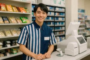 青と白のストライプ制服の男性コンビニ店員