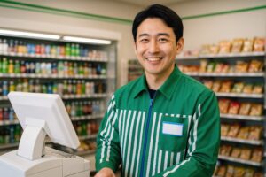 グリーンの制服でレジに立つ笑顔の男性店員